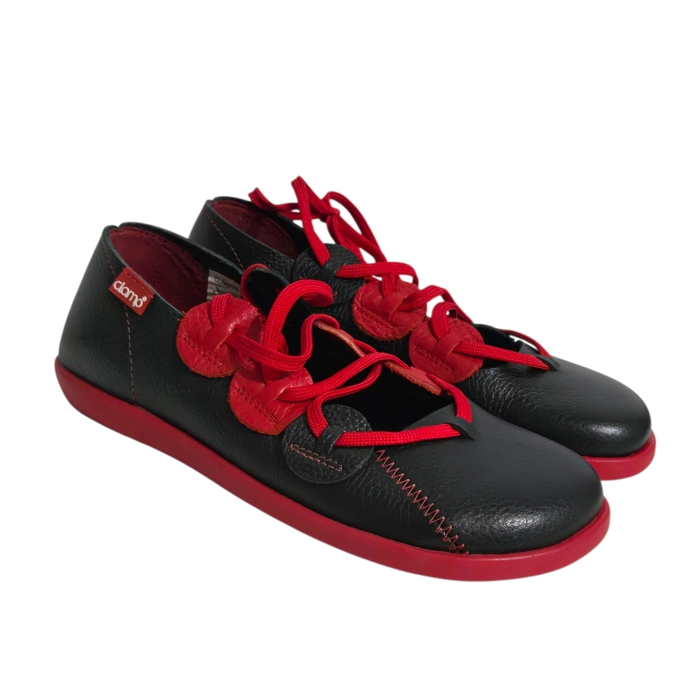 Clamp Vangy Handmade Black Leather Flats With Red Laces Womens Sheos Size EU 38 - Picture 1 of 8